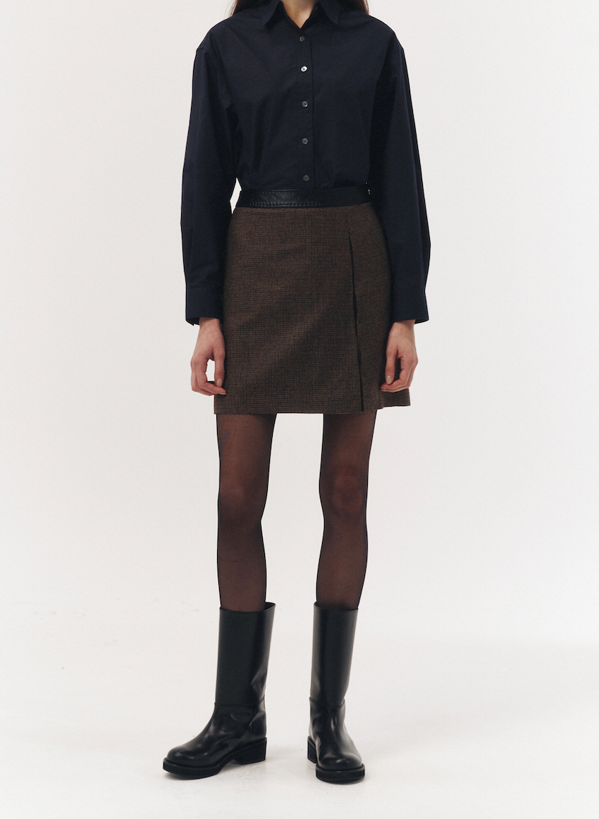 Leather Point A-Line Mini Skirt (Brown Check)