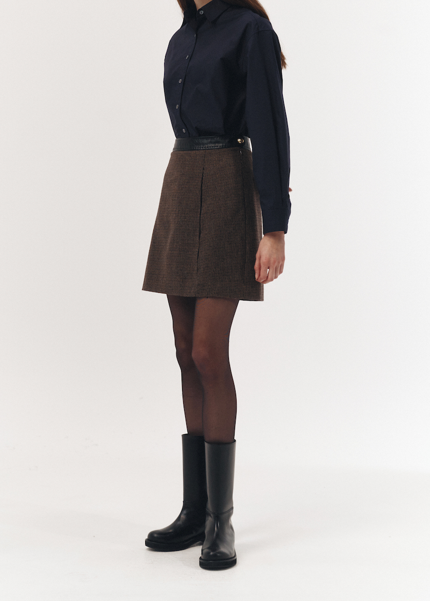 Leather Point A-Line Mini Skirt (Brown Check)