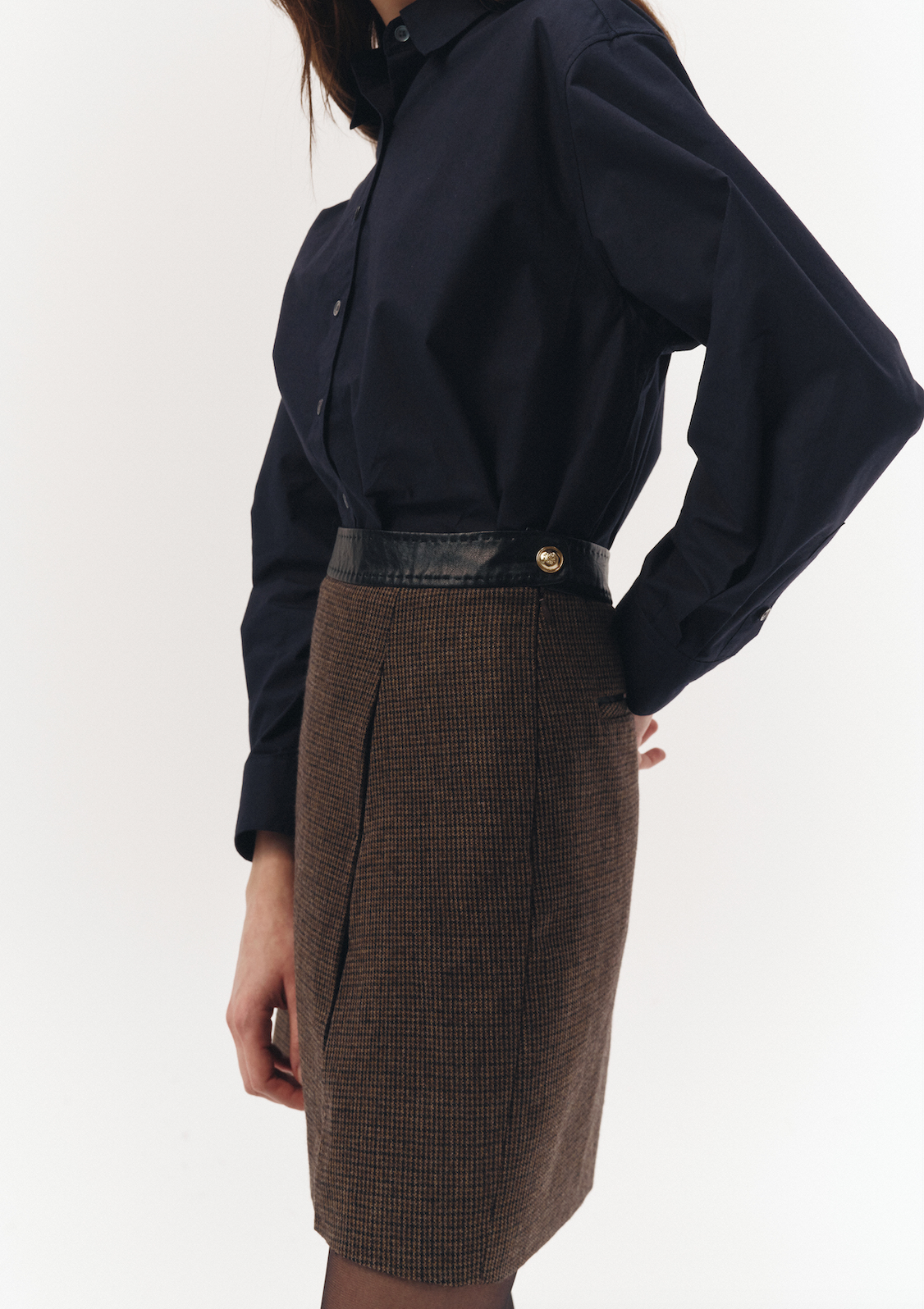 Leather Point A-Line Mini Skirt (Brown Check)