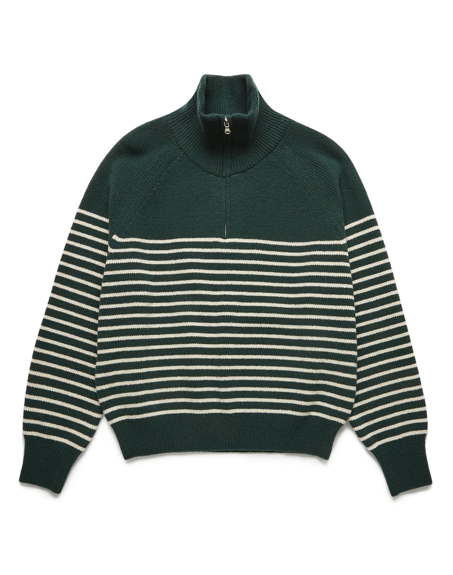 Unisex Half Zip-up Stripe Knit (Forest Green / Cream)