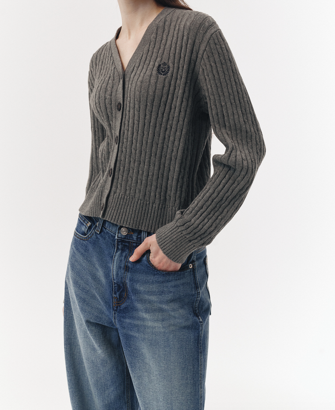 Crest Logo Cable Cardigan (Melange Grey)