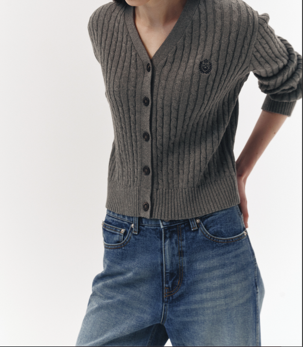 Crest Logo Cable Cardigan (Melange Grey)
